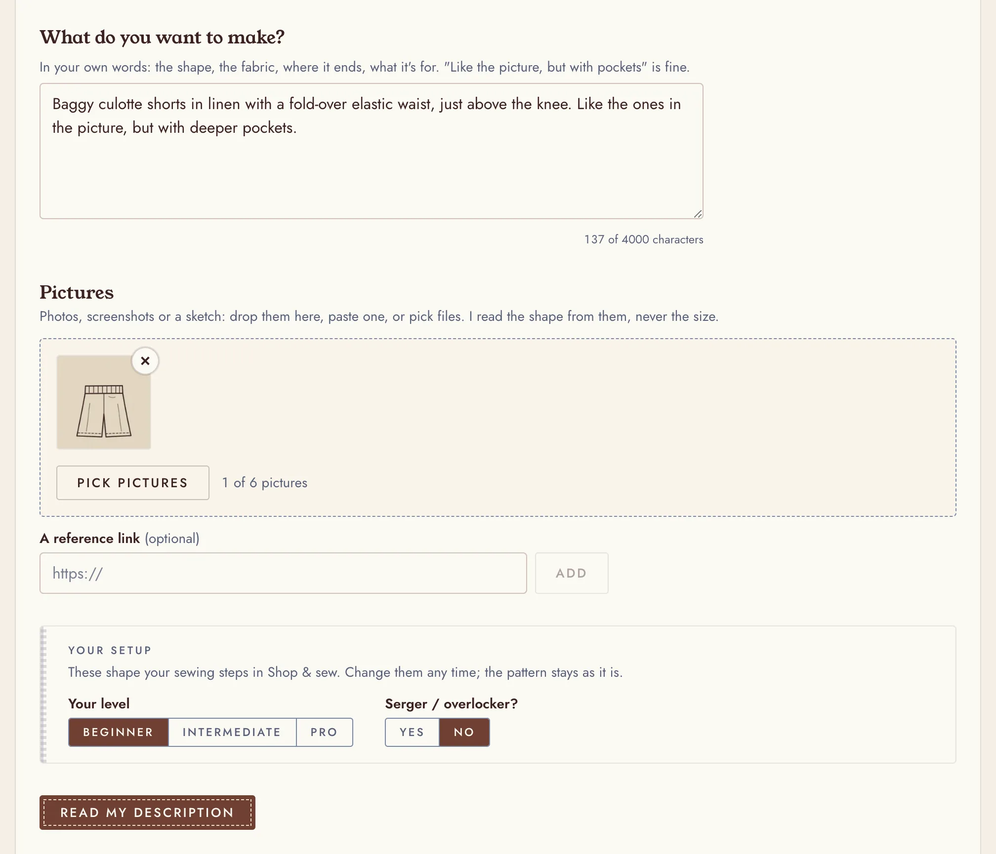 SewSlay's describe screen: Baggy culotte shorts in linen with a fold-over elastic waist, just above the knee, written in plain words, a sketch of the shorts added as a picture, and a box for a reference link.